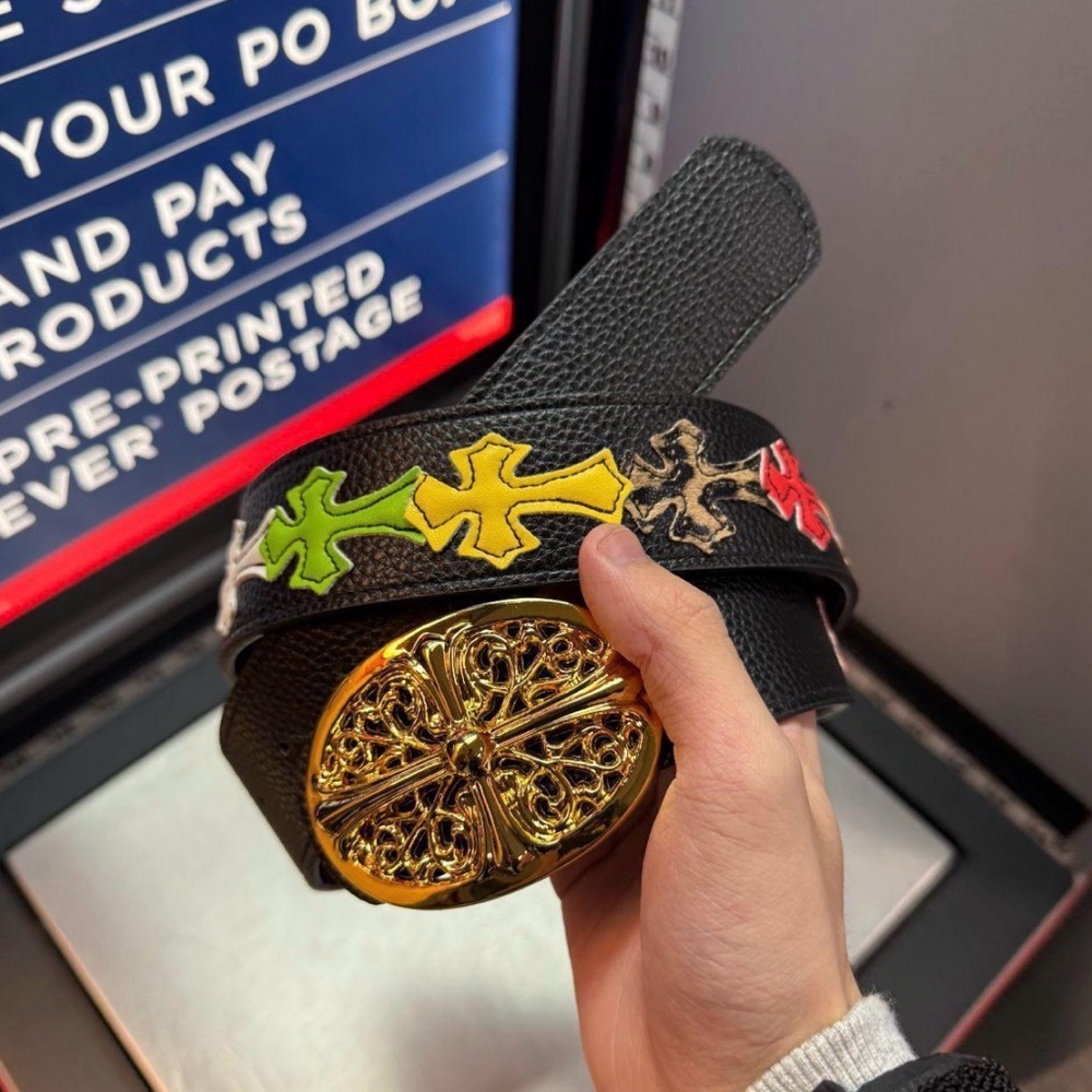 Chrome Hearts Black Belt with Gold Buckle and Multicolor Crosses
